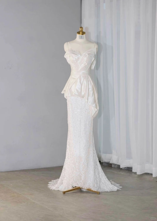 Graceful Draped Sheen Fabric Strapless Lace Trimmed Maxi Dress Vogue Zipper Back Mermaid Hem Sequins Accent Prom Dress AP2159