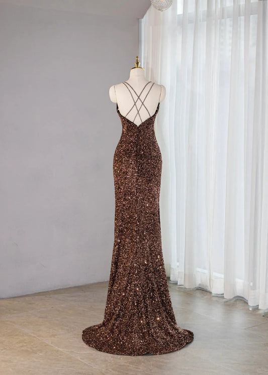 Vintage Beading Spaghetti Strap Mesh Trimmed Maxi Dress Vogue Glamorous All-Over Sequin Crisscross Open Back Prom Dress AP2160