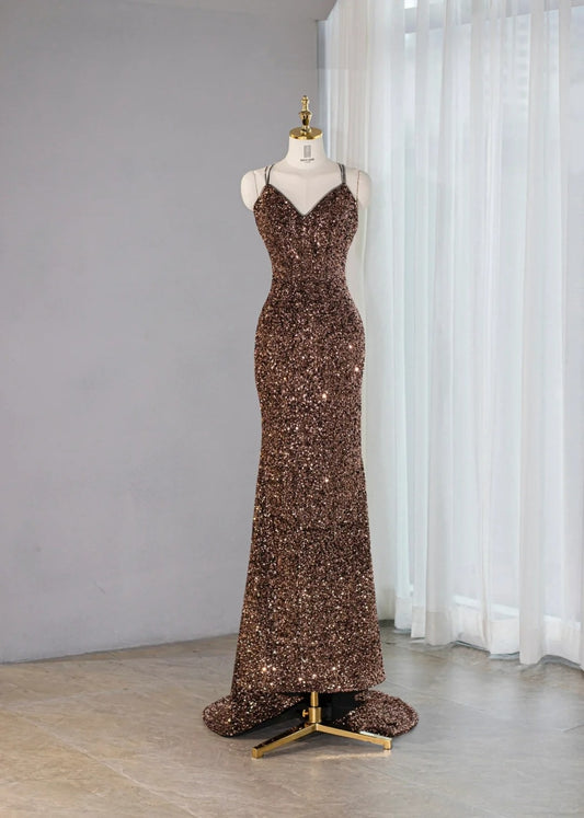 Vintage Beading Spaghetti Strap Mesh Trimmed Maxi Dress Vogue Glamorous All-Over Sequin Crisscross Open Back Prom Dress AP2160