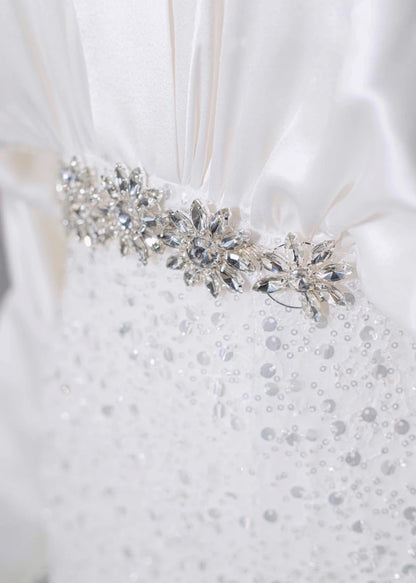 Elegant White Satin Deep V-Neck Sheath Maxi Dress Romantic Sparkling Crystal Floral Belt Long Sleeve Sequins Accent Prom Dress AP2161