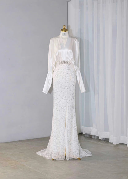 Elegant White Satin Deep V-Neck Sheath Maxi Dress Romantic Sparkling Crystal Floral Belt Long Sleeve Sequins Accent Prom Dress AP2161