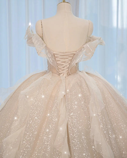 Luxurious Sparkly Cascade Tulle Hem Off-Shoulder Bridal Dress Alluring Crystal Trim Lace-Up Back A-Line Wedding Dress AP2162