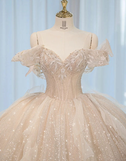 Luxurious Sparkly Cascade Tulle Hem Off-Shoulder Bridal Dress Alluring Crystal Trim Lace-Up Back A-Line Wedding Dress AP2162