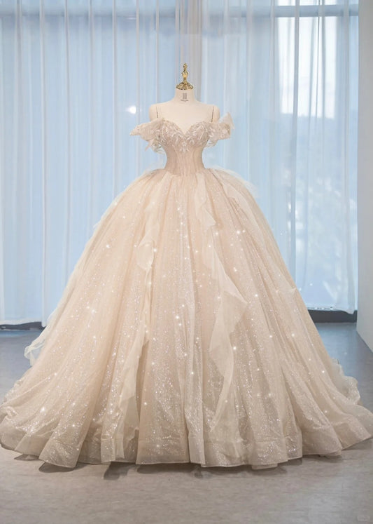 Luxurious Sparkly Cascade Tulle Hem Off-Shoulder Bridal Dress Alluring Crystal Trim Lace-Up Back A-Line Wedding Dress AP2162