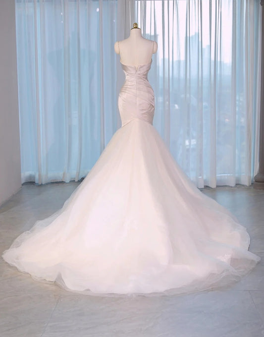 Graceful Mermaid Cascade Tiered Tulle Hem Bridal Dress Chic Sheath Applique Satin Corset Bodice Wedding Dress AP2164