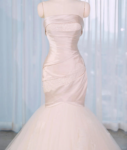 Graceful Mermaid Cascade Tiered Tulle Hem Bridal Dress Chic Sheath Applique Satin Corset Bodice Wedding Dress AP2164