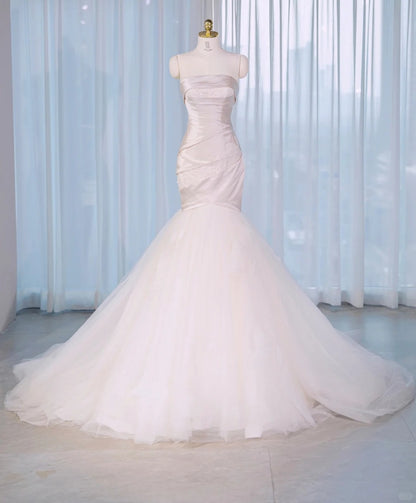 Graceful Mermaid Cascade Tiered Tulle Hem Bridal Dress Chic Sheath Applique Satin Corset Bodice Wedding Dress AP2164