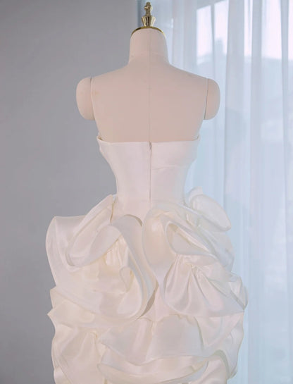 Dreamy Strapless Zipper Back Sheath Midi Dress Romantic Luxurious Ivory Lustrous Tiered Ruffles Hem Prom Dress AP2165