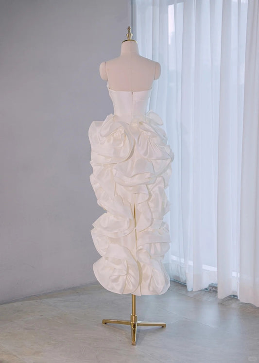 Dreamy Strapless Zipper Back Sheath Midi Dress Romantic Luxurious Ivory Lustrous Tiered Ruffles Hem Prom Dress AP2165