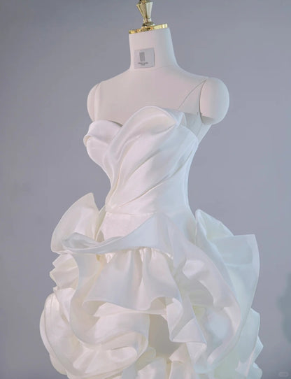 Dreamy Strapless Zipper Back Sheath Midi Dress Romantic Luxurious Ivory Lustrous Tiered Ruffles Hem Prom Dress AP2165