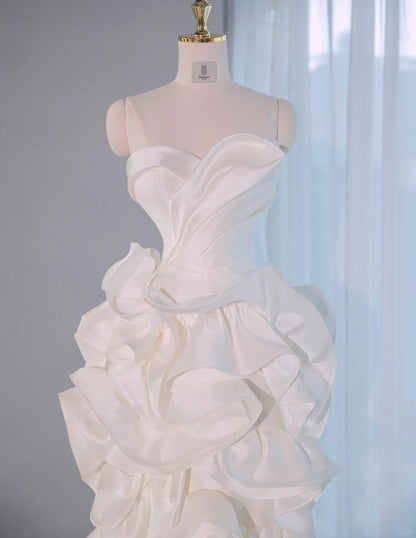 Dreamy Strapless Zipper Back Sheath Midi Dress Romantic Luxurious Ivory Lustrous Tiered Ruffles Hem Prom Dress AP2165