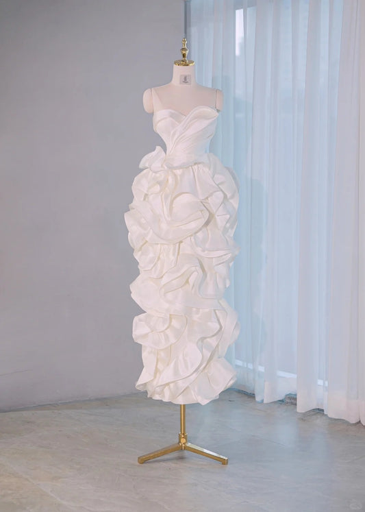 Dreamy Strapless Zipper Back Sheath Midi Dress Romantic Luxurious Ivory Lustrous Tiered Ruffles Hem Prom Dress AP2165