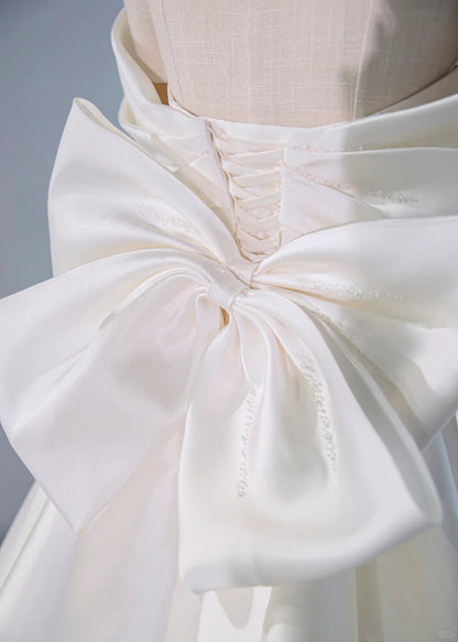 Stunning Ruched Off-Shoulder Big Bow Accent Bridal Dress Alluring Beading Lace-Up Back A-Line Wedding Dress AP2166