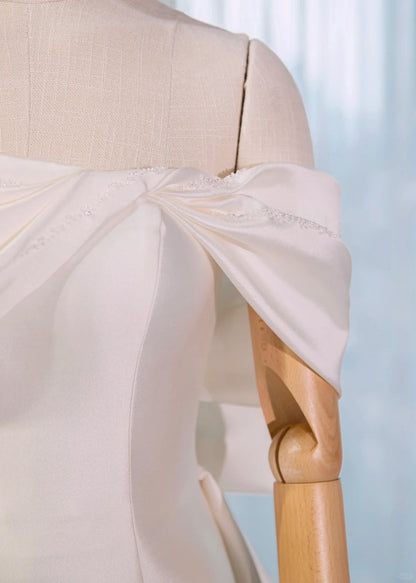 Stunning Ruched Off-Shoulder Big Bow Accent Bridal Dress Alluring Beading Lace-Up Back A-Line Wedding Dress AP2166