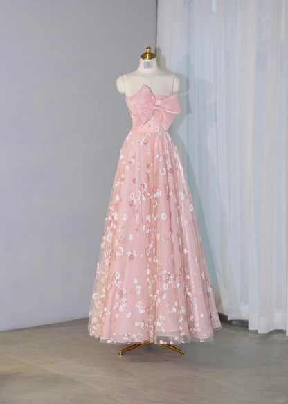 Vibrant Lustrous Big Bow Sheer Tulle Overlay Strapless Design Maxi Dress Cute Pink Floral  Sequins Accent A-Line Prom Dress AP2167