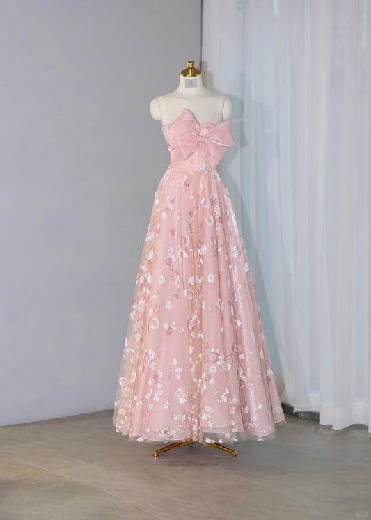 Vibrant Lustrous Big Bow Sheer Tulle Overlay Strapless Design Maxi Dress Cute Pink Floral  Sequins Accent A-Line Prom Dress AP2167