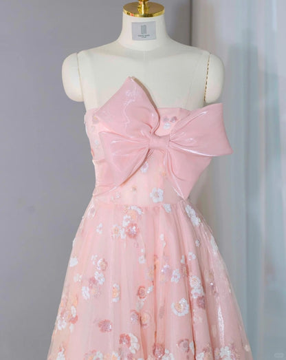 Vibrant Lustrous Big Bow Sheer Tulle Overlay Strapless Design Maxi Dress Cute Pink Floral  Sequins Accent A-Line Prom Dress AP2167