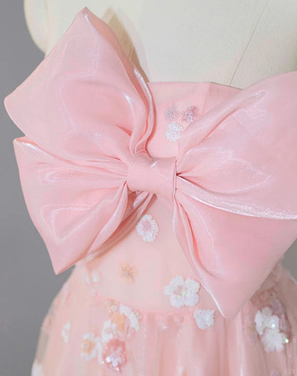 Vibrant Lustrous Big Bow Sheer Tulle Overlay Strapless Design Maxi Dress Cute Pink Floral  Sequins Accent A-Line Prom Dress AP2167