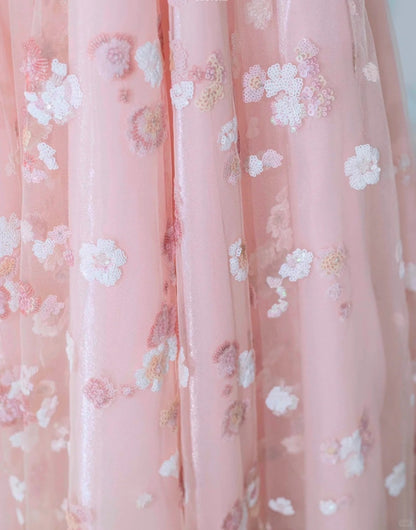 Vibrant Lustrous Big Bow Sheer Tulle Overlay Strapless Design Maxi Dress Cute Pink Floral  Sequins Accent A-Line Prom Dress AP2167