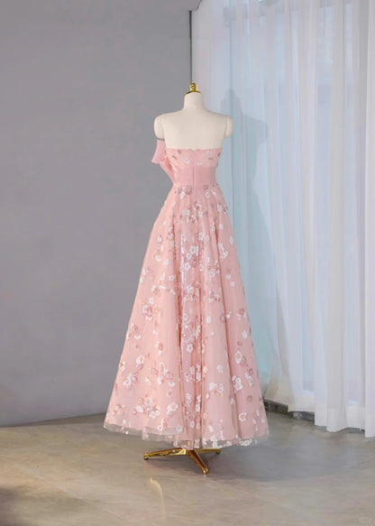 Vibrant Lustrous Big Bow Sheer Tulle Overlay Strapless Design Maxi Dress Cute Pink Floral  Sequins Accent A-Line Prom Dress AP2167