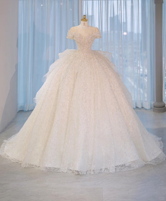 Intricate Beadwork & Sparkle Crystal Accent Sheer Mesh Splicing Round Neck Bridal Dress Charming Short Sleeve A-Line Ruffled Tulle Layered Wedding Dress AP2169