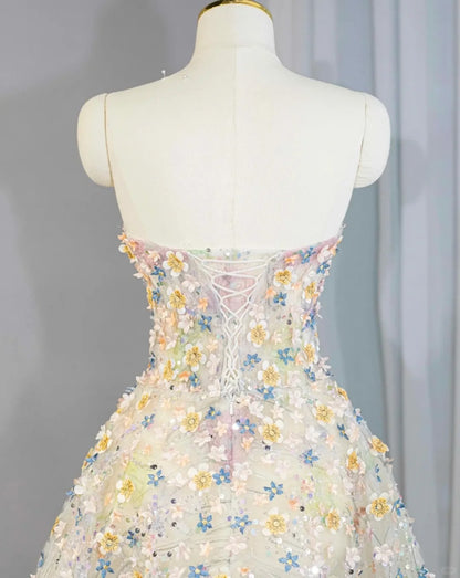 Romantic Colorful Applique Strapless Maxi Dress Vogue Lace-Up Back A-Line Sequins Accent Prom Dress AP2170