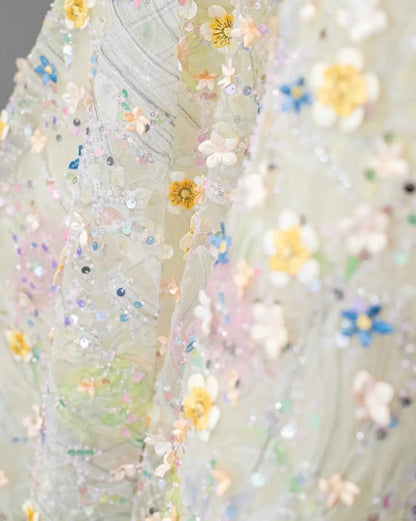 Romantic Colorful Applique Strapless Maxi Dress Vogue Lace-Up Back A-Line Sequins Accent Prom Dress AP2170