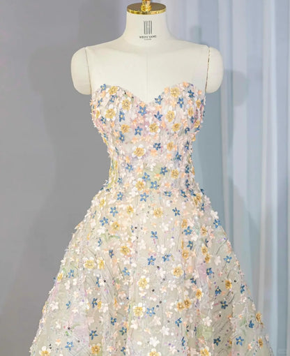 Romantic Colorful Applique Strapless Maxi Dress Vogue Lace-Up Back A-Line Sequins Accent Prom Dress AP2170