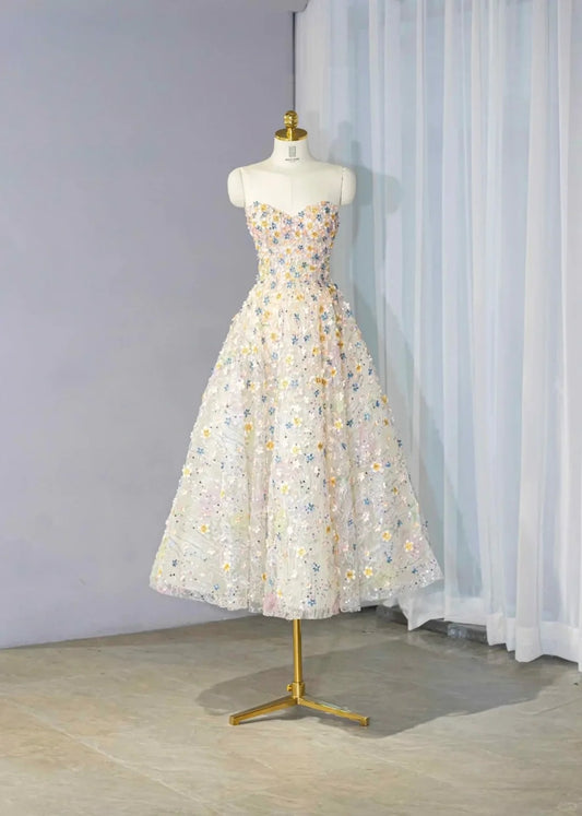 Romantic Colorful Applique Strapless Maxi Dress Vogue Lace-Up Back A-Line Sequins Accent Prom Dress AP2170