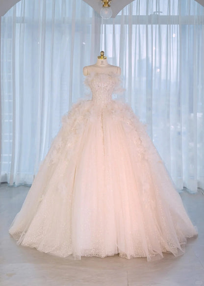 Luxurious Asymmetric Off-Shoulder 3D Floral Trimmed Bridal Dress Chic Beading A-Line Cascade Tulle Hem Wedding Dress AP2171