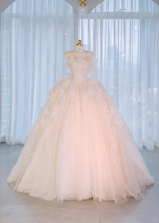 Luxurious Asymmetric Off-Shoulder 3D Floral Trimmed Bridal Dress Chic Beading A-Line Cascade Tulle Hem Wedding Dress AP2171