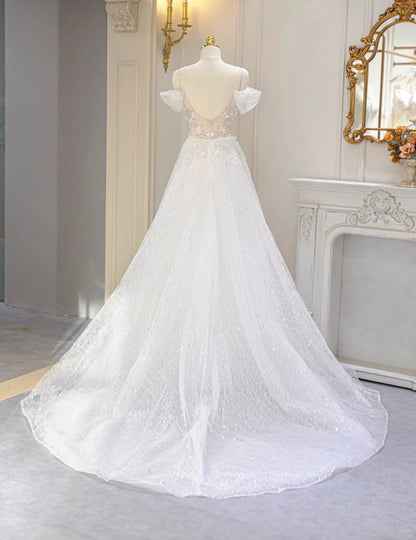 Exquisite 3D Floral Accent Sheer Mesh Off-Shoulder Maxi Dress Chic Beadig Sparkling Sequins Cascade Tulle Overlay Backless Prom Dress AP2172