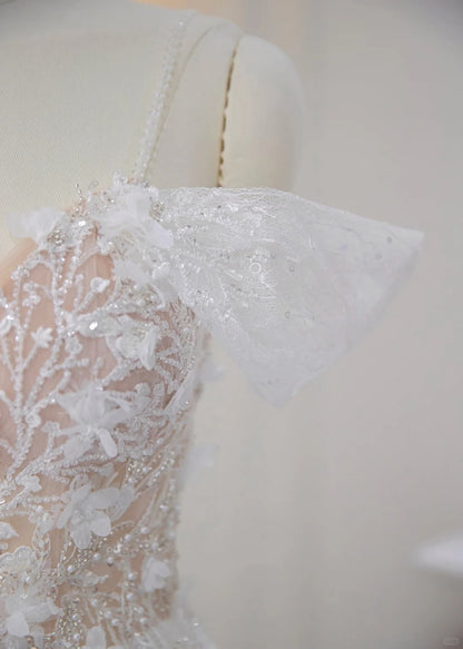 Exquisite 3D Floral Accent Sheer Mesh Off-Shoulder Maxi Dress Chic Beadig Sparkling Sequins Cascade Tulle Overlay Backless Prom Dress AP2172