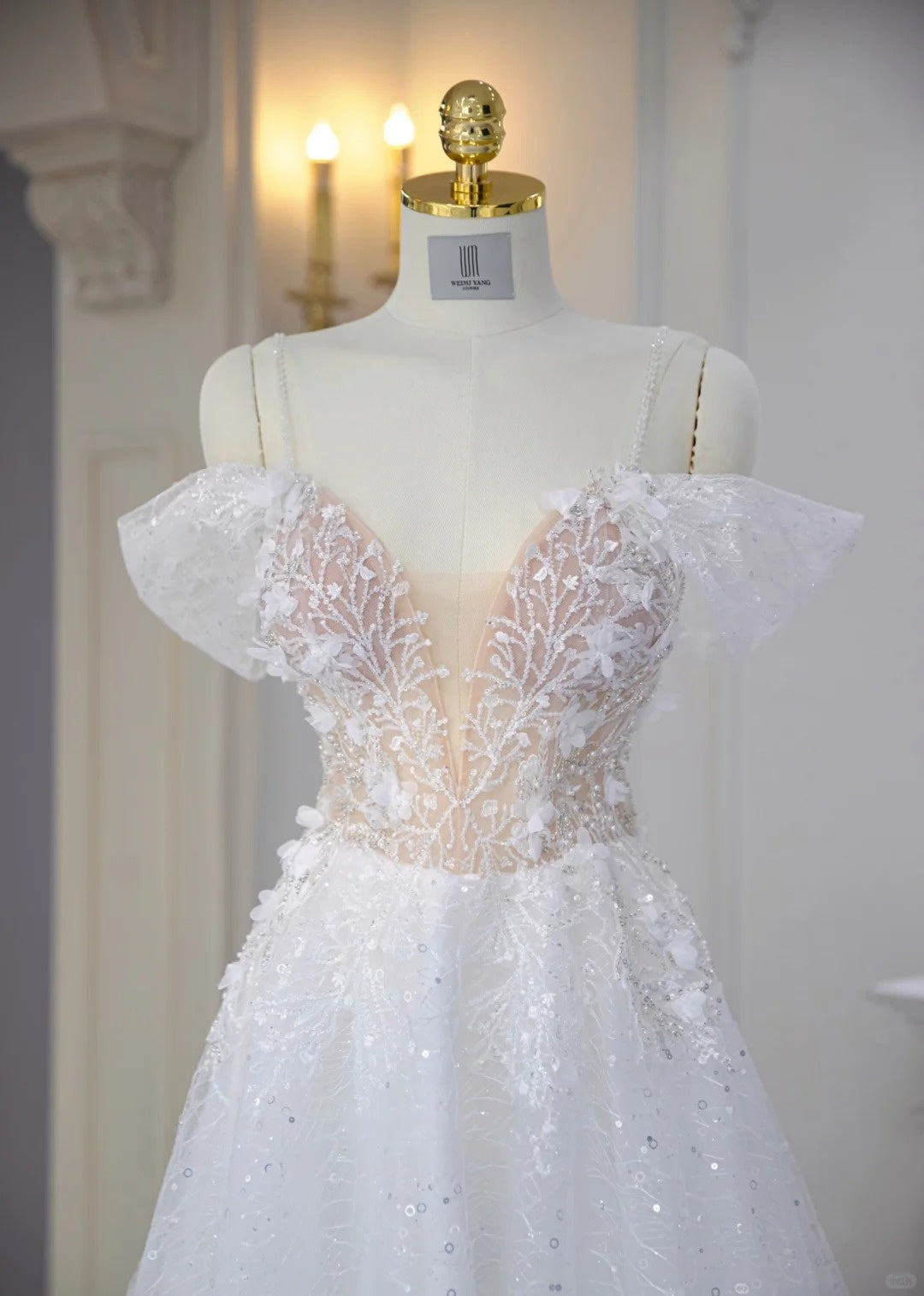 Exquisite 3D Floral Accent Sheer Mesh Off-Shoulder Maxi Dress Chic Beadig Sparkling Sequins Cascade Tulle Overlay Backless Prom Dress AP2172