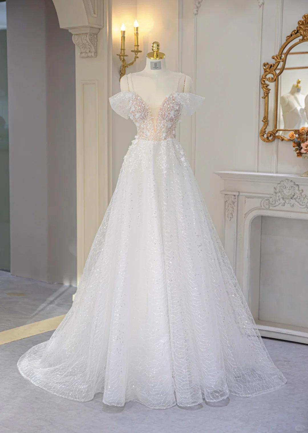 Exquisite 3D Floral Accent Sheer Mesh Off-Shoulder Maxi Dress Chic Beadig Sparkling Sequins Cascade Tulle Overlay Backless Prom Dress AP2172