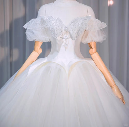 Romantic Ruffled Beading Puffy Off-Shoulder Bridal Dress Fashionable Cascade Tulle Layered A-Line Wedding Dress AP2173