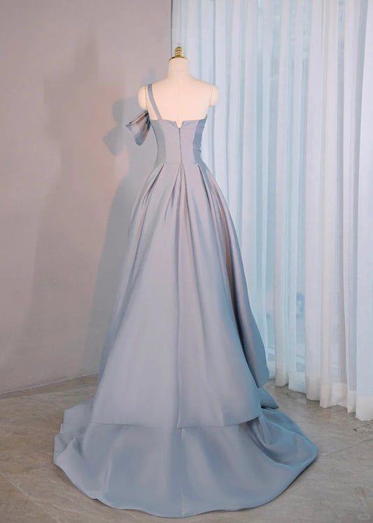 Glamorous One Shoulder Asymmetric Neck Blue Maxi Dress Elegant A-Line Cutout Waist Beading Prom Dress AP2174