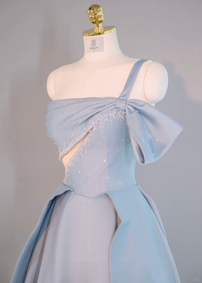 Glamorous One Shoulder Asymmetric Neck Blue Maxi Dress Elegant A-Line Cutout Waist Beading Prom Dress AP2174