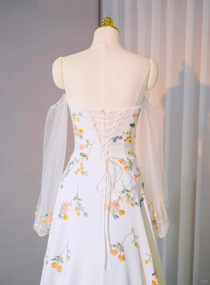 New Arrival Off-Shoulder Floral Embroidered Bridal Dress Charming Long Sheer Tulle Sleeve Lace-Up Back Wedding Dress AP2175