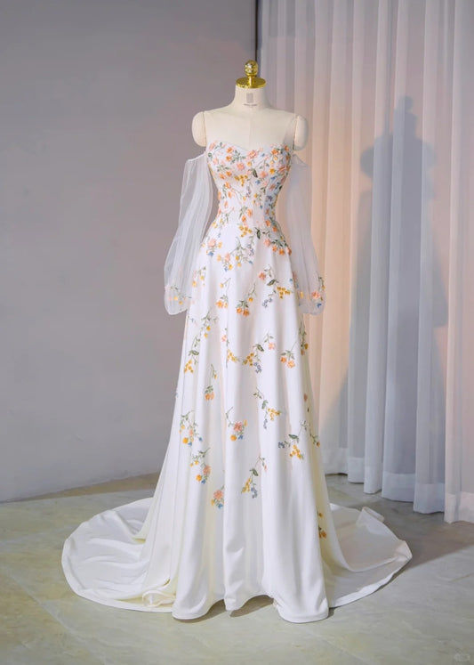 New Arrival Off-Shoulder Floral Embroidered Bridal Dress Charming Long Sheer Tulle Sleeve Lace-Up Back Wedding Dress AP2175