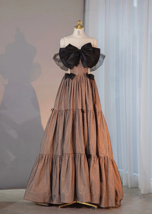 Cute Mesh Splicing Off-Shoulder A-line Maxi Dress Vogue Polka Dots Accent Bog Bow Design Prom Dress AP2177