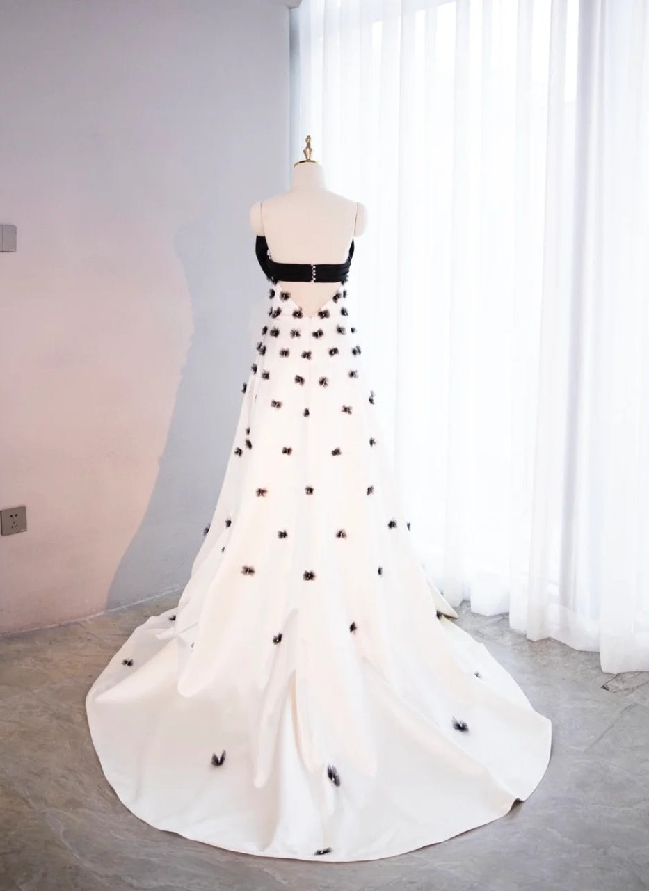 Graceful Black & White A-Line Strapless Maxi Dress Stylish Big Bow Accent Pearl Detail Prom Dress AP2178