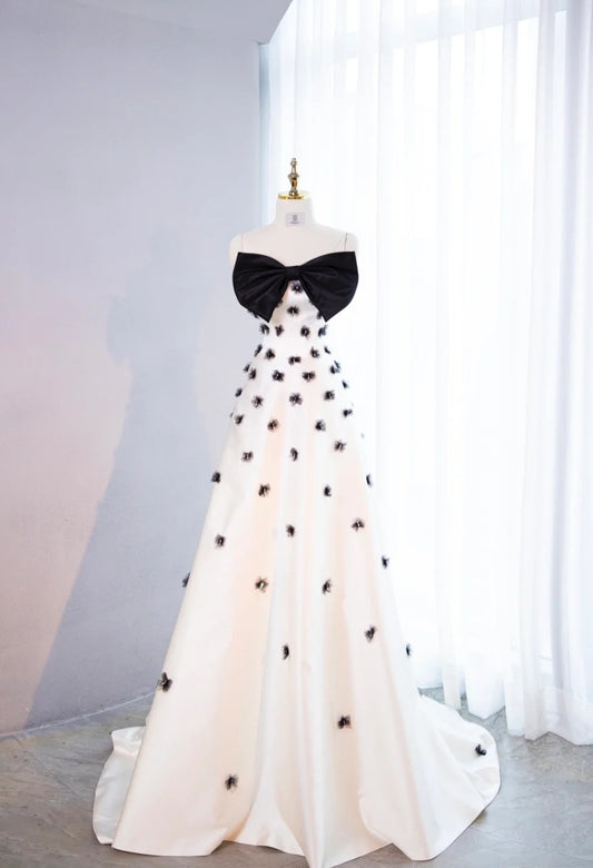 Graceful Black & White A-Line Strapless Maxi Dress Stylish Big Bow Accent Pearl Detail Prom Dress AP2178