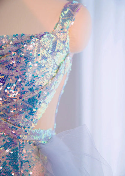 Luxurious Iridescent Sequins Evening Parties Maxi Dress Vibrant Spaghetti Straps Sheer Tulle Overlay Cutout Waist Prom Dress AP2179