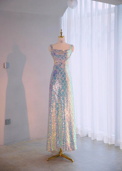 Luxurious Iridescent Sequins Evening Parties Maxi Dress Vibrant Spaghetti Straps Sheer Tulle Overlay Cutout Waist Prom Dress AP2179