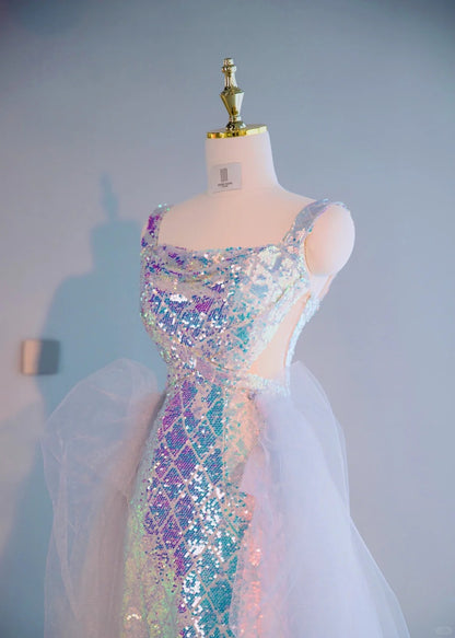 Luxurious Iridescent Sequins Evening Parties Maxi Dress Vibrant Spaghetti Straps Sheer Tulle Overlay Cutout Waist Prom Dress AP2179