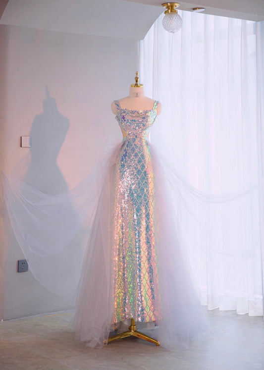 Luxurious Iridescent Sequins Evening Parties Maxi Dress Vibrant Spaghetti Straps Sheer Tulle Overlay Cutout Waist Prom Dress AP2179