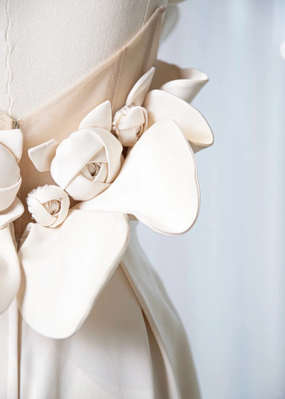 Charming Ivory Strapless Sheath Maxi Dress Gorgeous Handmade Flowers Details Asymmetric Hem Prom Dress AP2180