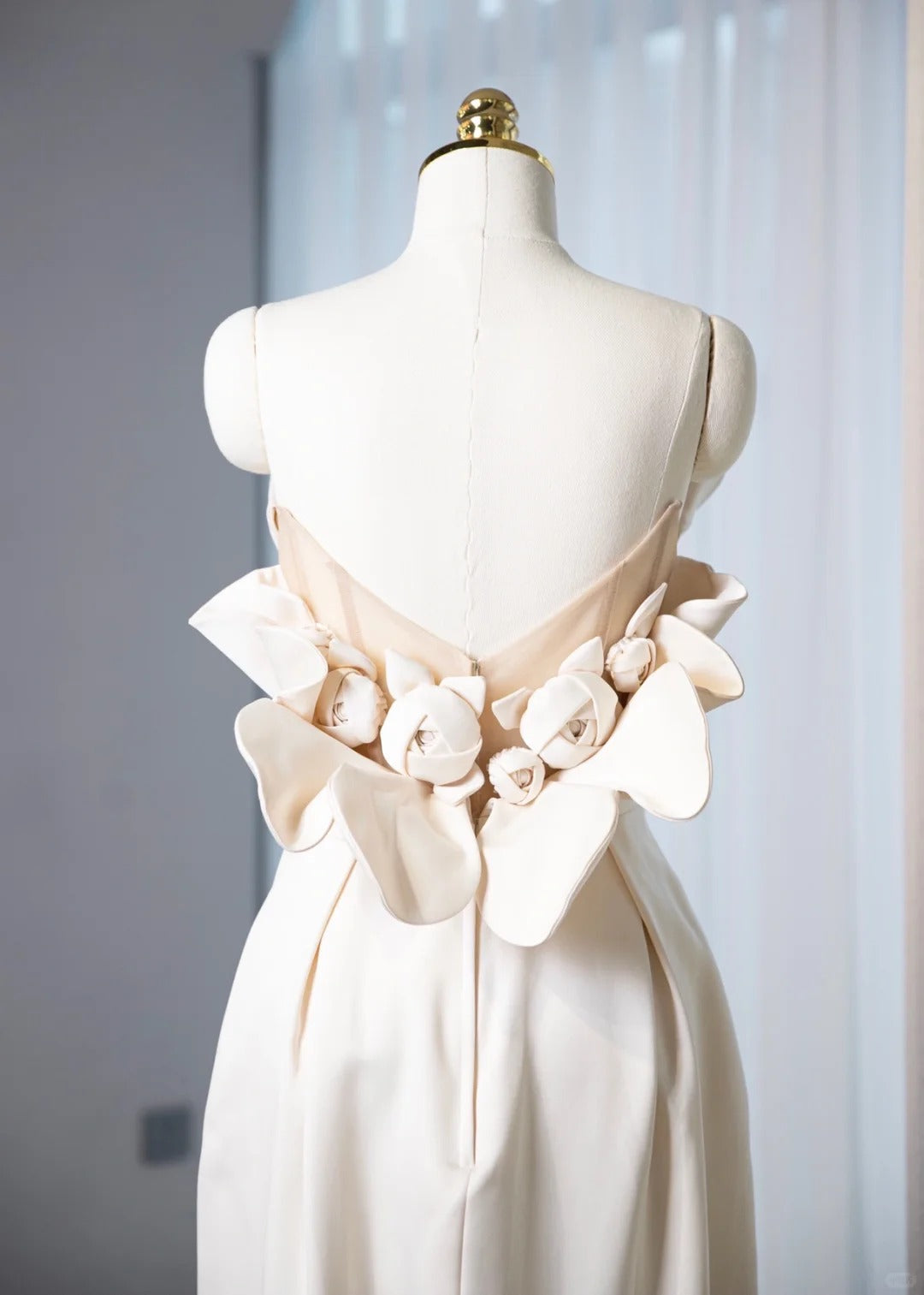 Charming Ivory Strapless Sheath Maxi Dress Gorgeous Handmade Flowers Details Asymmetric Hem Prom Dress AP2180