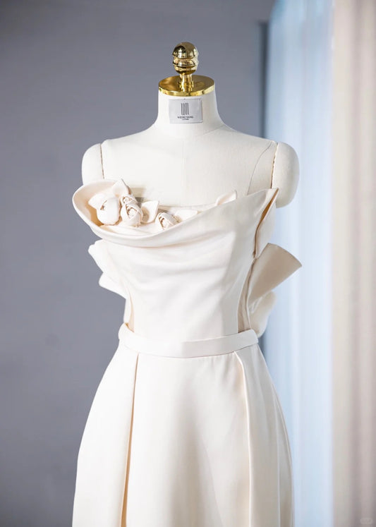 Charming Ivory Strapless Sheath Maxi Dress Gorgeous Handmade Flowers Details Asymmetric Hem Prom Dress AP2180